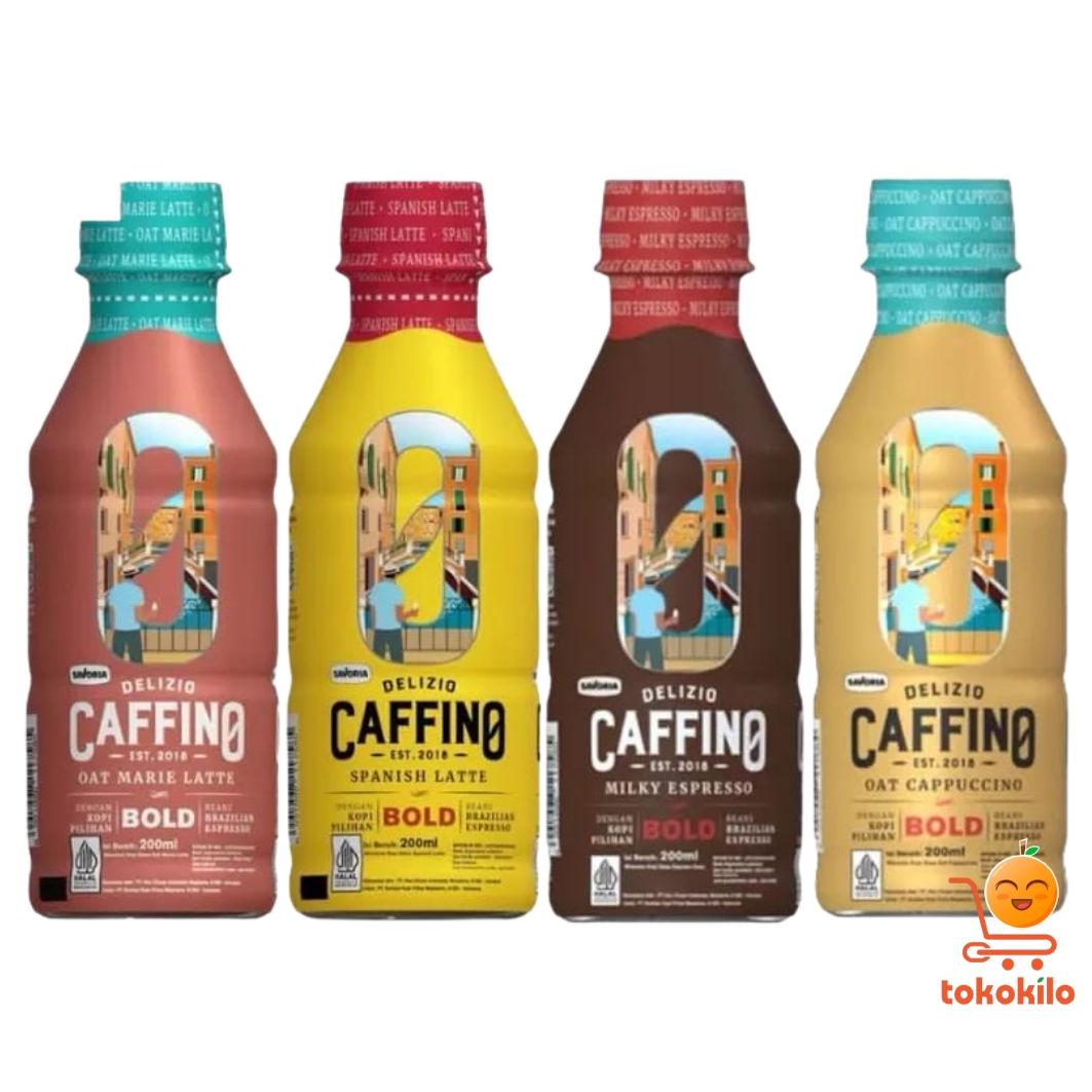 Caffino Delizio Rasa Milky Ekspresso (Coklat), Oat Marie Latte (Pink), Spanish Latte (Kuning) Botol 200ml